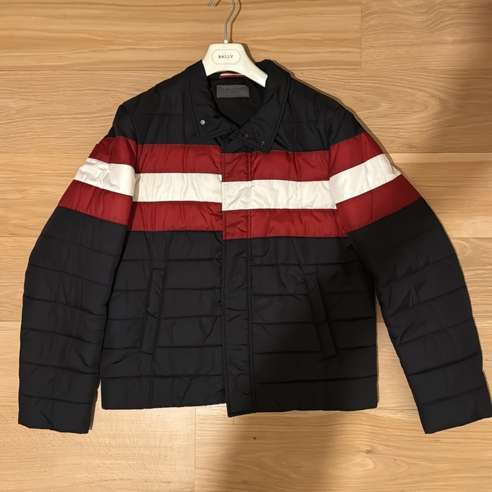 Bally Navy Blue Red White Puffer Jacket (Size 52).